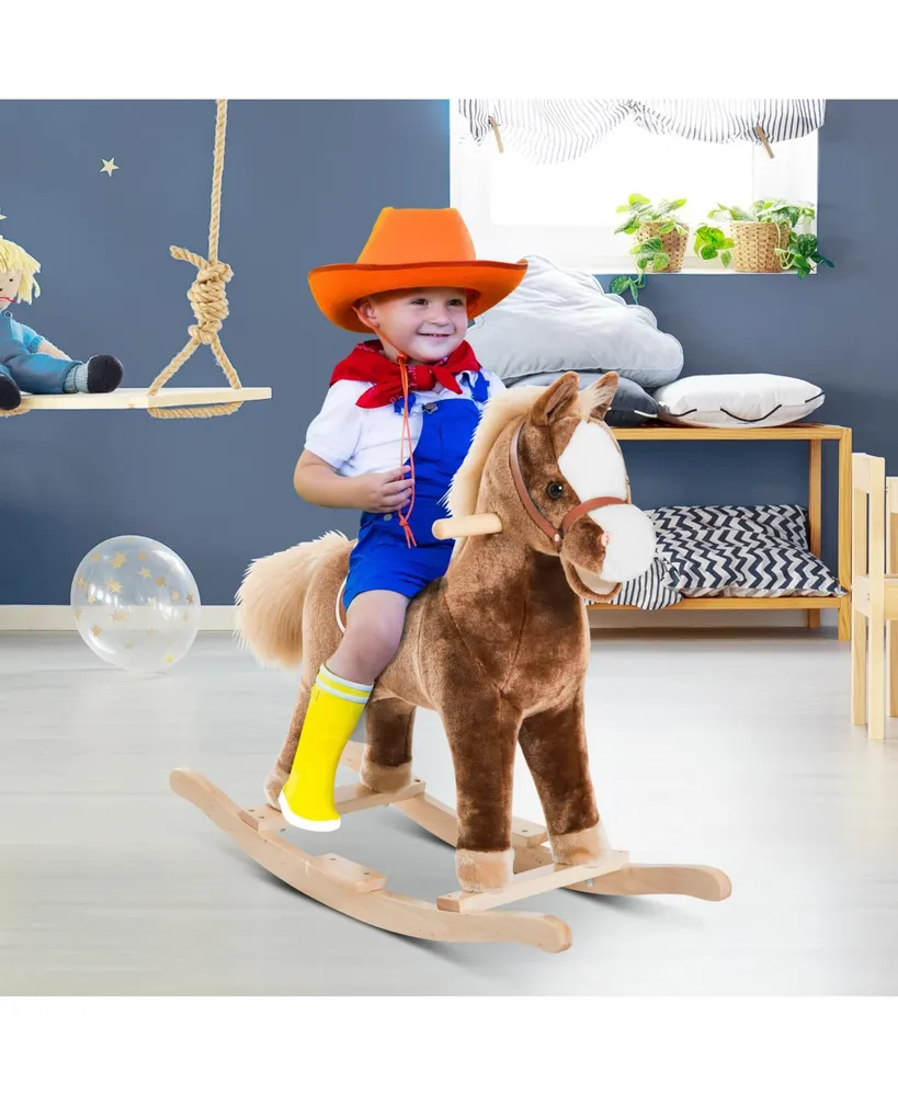 Qaba Kids Rocking Horse, Plush Toddler Rocker, Wooden Base Ride-On Toy with Handle Grip, Traditional Toy for Kids 36M+, Brown