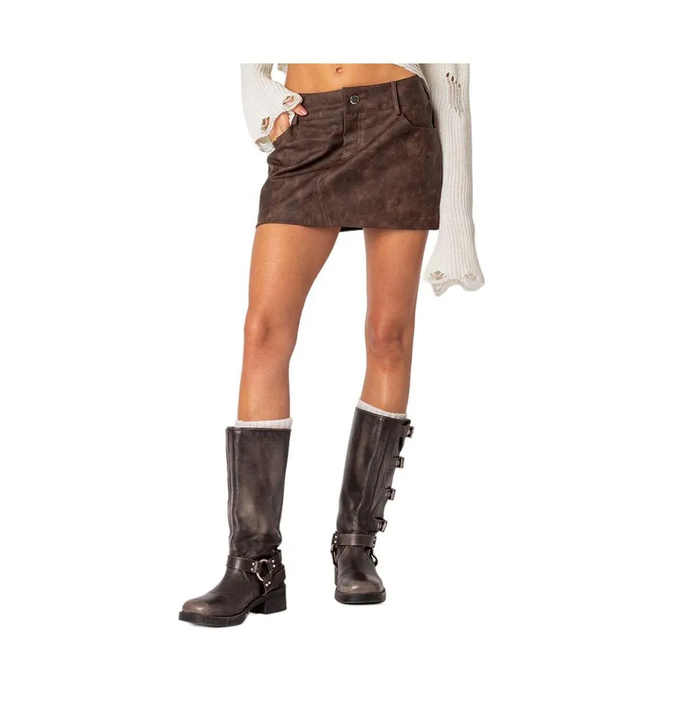 Women's Euphoria washed faux leather mini skirt - Brown