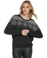 Andrew Marc Sport Women's Snowflake Fleece Crew Neck Sweatshirt