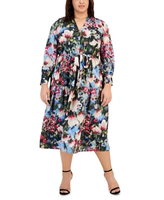 Anne Klein Plus Floral-Print Tiered Midi Dress