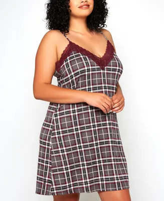 iCollection Plus Modal Cozy Plaid Trimmed Elegant Lace 1 Pc Nightgown