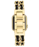 Steve Madden Women's Gold-Tone Alloy Double Chain and Black Faux Leather Bracelet Compatible with 38/40/41mm Apple Watch