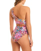 Jessica Simpson Women's Abstract-Print One-Shoulder Swimsuit