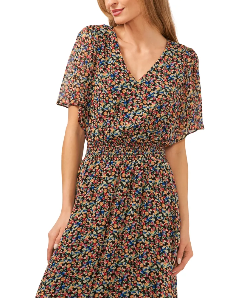 CeCe Women's Smocked Waist Flutter Sleeve Maxi Dress