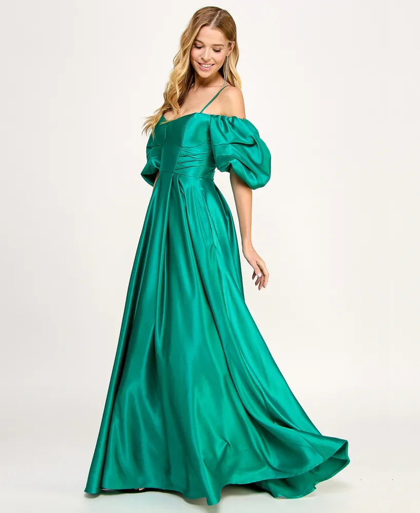 City Studios Juniors' Off the Shoulder Satin Puff-Sleeve Sweetheart Gown