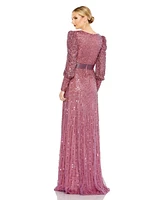 Women's Sequined Wrap Over Bishop Sleeve Gown