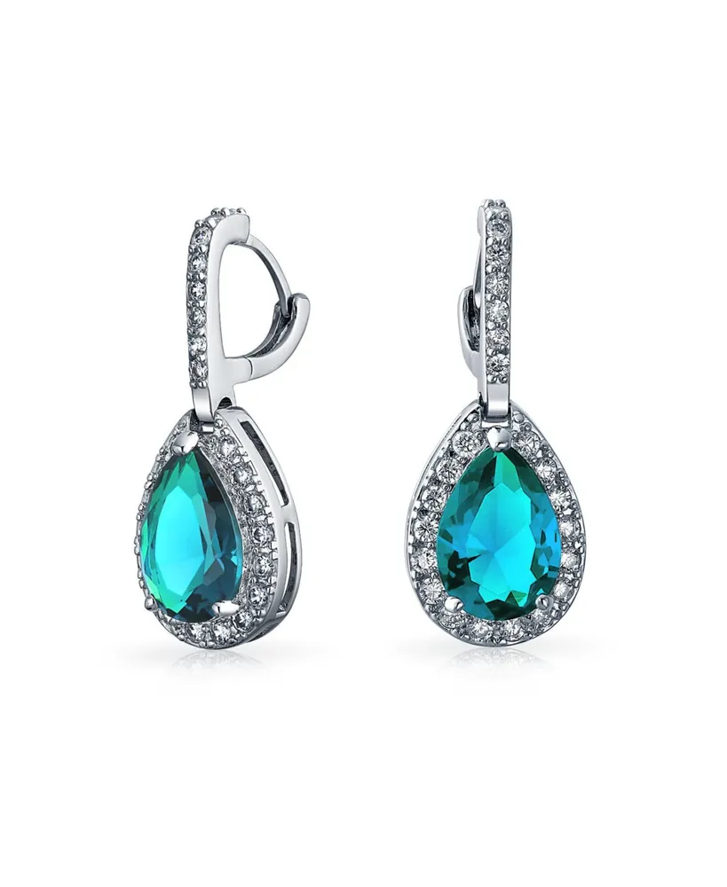 Bling Jewelry 7CT Style Halo Aqua Cubic Zirconia Cz Formal Huggie Snap Hinge Dangle Drop Teardrop Earrings smaid Rhodium Plated