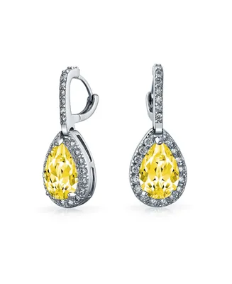 Bling Jewelry 7CT Style Halo Canary Yellow Cubic Zirconia Cz Fashion Huggie Snap Hinge Dangle Drop Teardrop Earrings Prom smaid Rhodium Plated