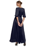 Dkny Balloon-Sleeve Faux-Wrap Gown