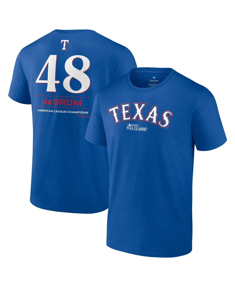 Men's Fanatics Jacob deGrom Royal Texas Rangers 2023 American League Champions Player Name and Number T-shirt