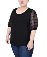 Ny Collection Plus Size Short Burnout Sleeve Scoop Neck Top