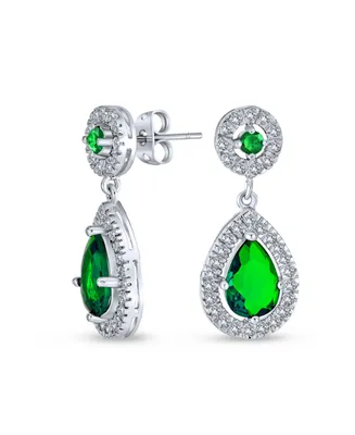 Fashion Green Simulated Emerald Aaa Cz Halo Pear Shaped Teardrop Dangle Earrings For Women For Prom Rhodium Plated Brass