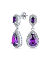 Bling Jewelry Fashion Purple Cz Halo Teardrop Drop Earrings For Women Prom Purple Cubic Zirconia Rhodium Plated Brass