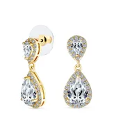 Bridal Pave Halo Dangle Teardrop Cubic Zirconia Aaa Cz Drop Earrings For Wedding Women Prom Teen Gold Plated Brass