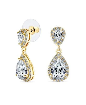 Bling Jewelry Pave Halo Dangle Teardrop Cubic Zirconia Cz Drop Earrings Prom Yellow Gold Plated Brass