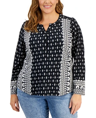 Style & Co Plus Printed Split-Neck Top, Created for Macy's