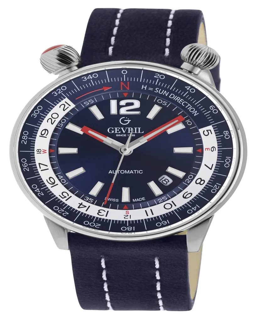 Gevril Men's Wallabout Navy Blue Leather Watch 44mm