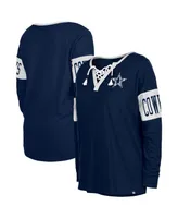 Women's New Era Navy Dallas Cowboys Lace-Up Notch Neck Long Sleeve T-shirt