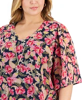 Jm Collection Plus Size Oaklyn Floral-Print Flutter-Sleeve Necklace Top, Created for Macy's