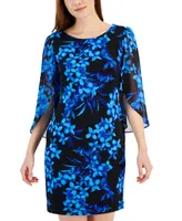 Connected Petite Printed Tulip-Sleeve Chiffon Sheath Dress