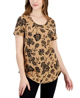 Jm Collection Petite Elena Etch Short-Sleeve Top, Created for Macy's