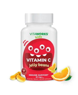 VitaWorks Kids Vitamin C 80 mg Jelly Beans - Immune Function - Tasty Natural Orange Blast Flavor - 60 Jellies