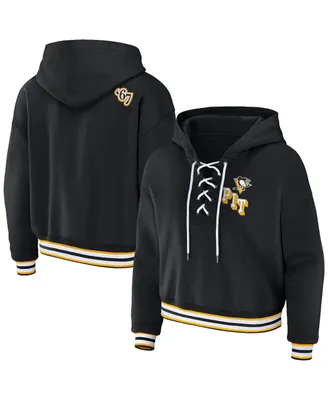 Women's Wear by Erin Andrews Black Pittsburgh Penguins Lace-Up Pullover Hoodie