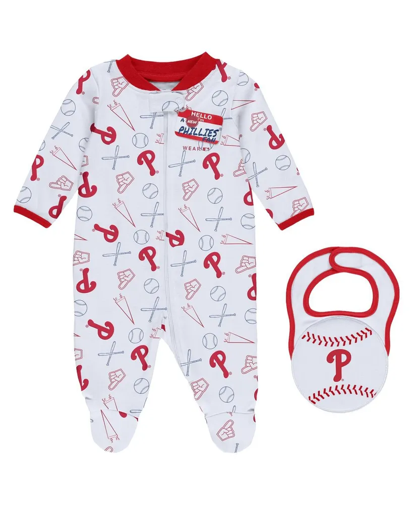 Newborn and Infant Boys Girls White Philadelphia Phillies Sleep Play Full-Zip Footed Jumper with Bib