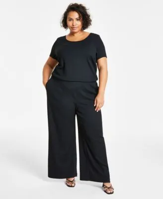 Bar Iii Trendy Plus Size Short Sleeve Textured Top Wide Leg Pants Created For Macys