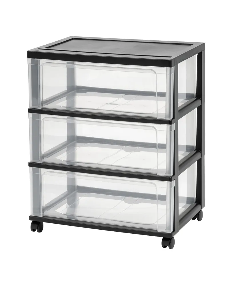 Plastic 3 Drawer Wide Storage Cart with 4 Caster Wheels, Black