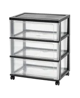 Iris Plastic 3 Drawer Wide Storage Cart with 4 Caster Wheels, Black