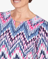 Alfred Dunner Petite Classic Puff Print Ikat Chevron Split Neck Top