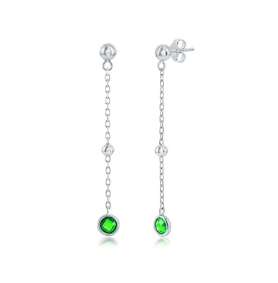 Sterling Silver Bezel-Set Cz Bead Chain Earrings (White, Green, Blue Or Red)