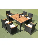 Simplie Fun 7 Piece Outdoor Patio Wicker Dining Set Patio Wicker Furniture Dining Set with Acacia Wood Top