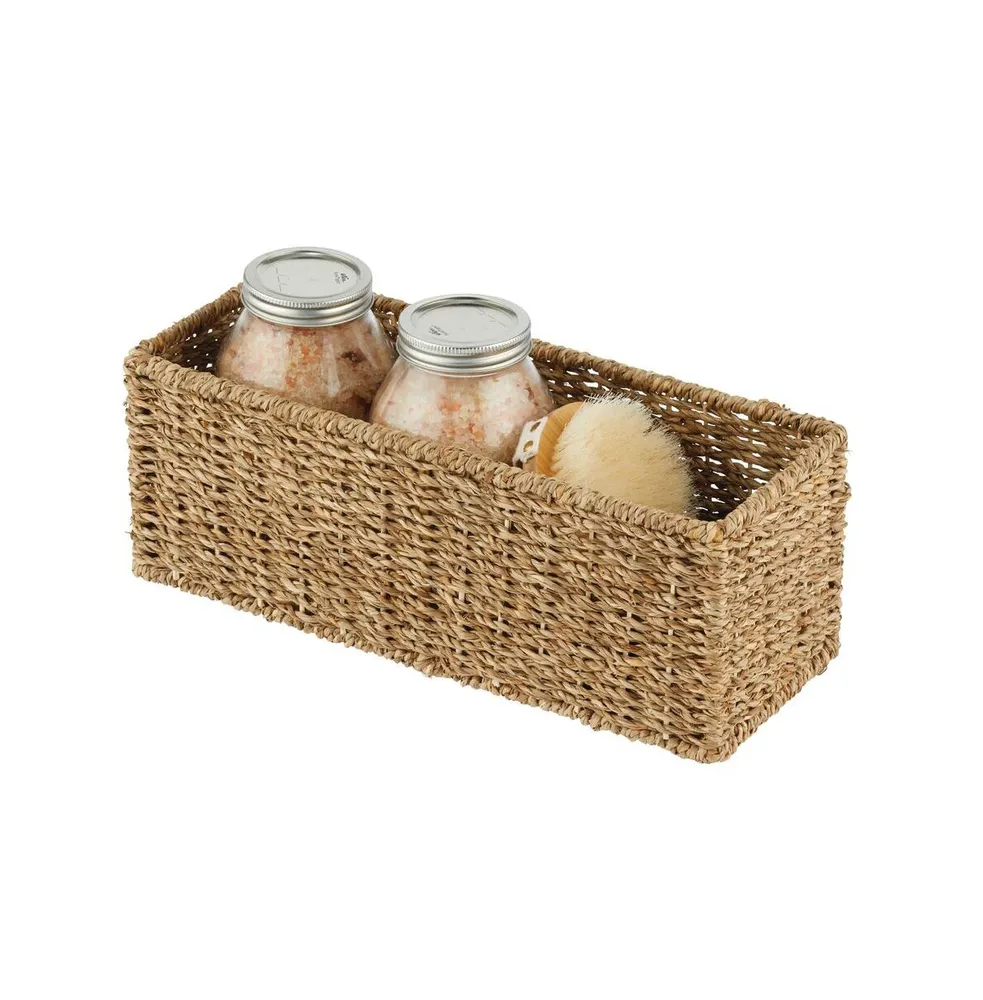 mDesign Small Woven Seagrass Bathroom Toilet Tank Basket, 2 Pack, Natural/Tan