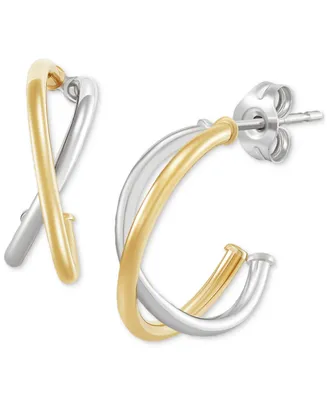 Double Crossover Tube Hoop Earrings in 14k Two-Tone Gold - Two