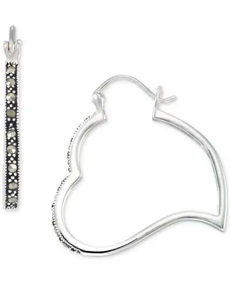 Marcasite Heart Small Hoop Earrings (1/4 ct. t.w.) in Sterling Silver, 1"