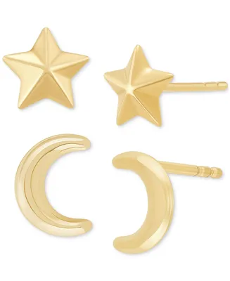 2-Pc. Set Star & Moon Polished Stud Earrings in 14k Gold