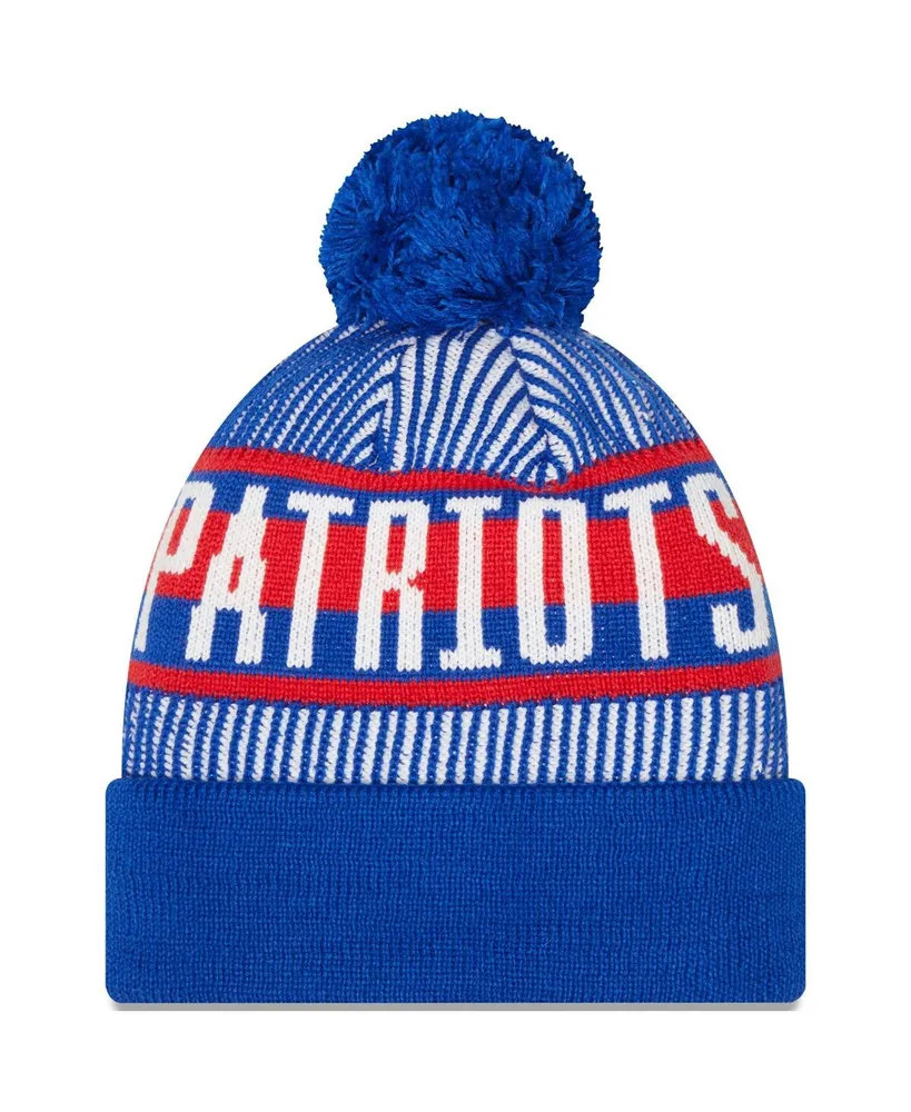 Men's New Era Royal New England Patriots Striped Cuffed Knit Hat with Pom