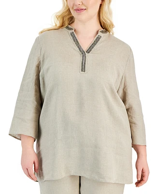 Charter Club Plus 100% Linen Embellished Tunic, Created for Macy's