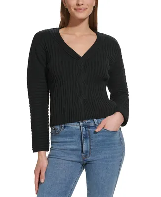 Dkny Jeans Women's Cable-Knit Cropped V-Neck Sweater