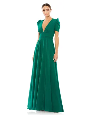 Women's Plunge Neck Puff Sleeve Gown