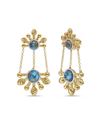 LuvMyJewelry Sunny Cascade Design Yellow Gold Plated Silver Turquoise Gemstone Diamond Earring