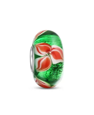 Bling Jewelry Red Green Colorful Murano Glass Holiday Christmas Flower Poinsettia Bead Charm For Women For Teen .925 Sterling Silver Fits European Bra