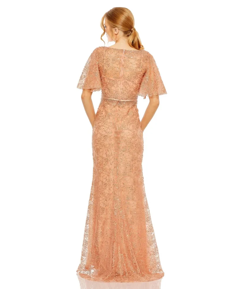 Women's Embellished Neck Butterfly Sleeve Trumpet Gown