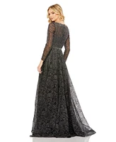 Women's Embellished Illusion Long Sleeve V Neck Gown