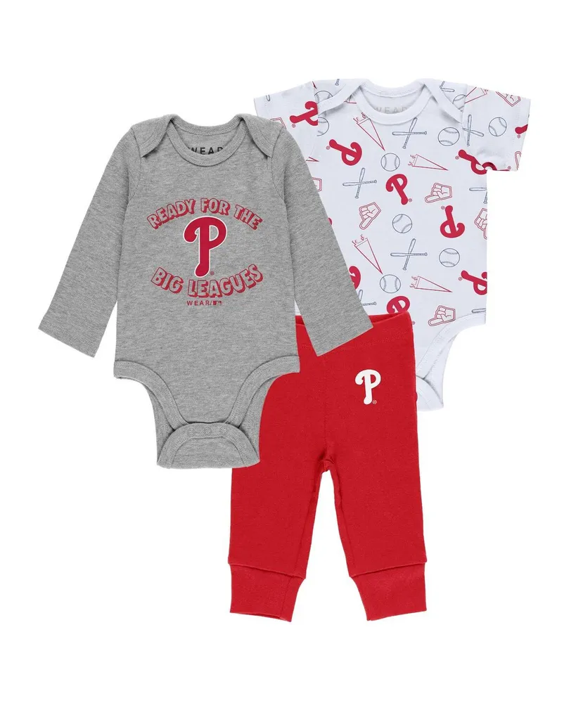 Newborn and Infant Boys Girls Gray, White, Red Philadelphia Phillies Three-Piece Turn Me Around Bodysuits Pants Set