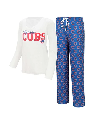 Women's Concepts Sport White, Royal Chicago Cubs Long Sleeve V-Neck T-shirt and Gauge Pants Sleep Set