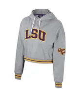 Women's The Wild Collective Heather Gray Distressed Lsu Tigers Cropped Shimmer Pullover Hoodie