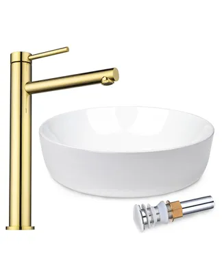 Round Bathroom Countertop Vessel Sink Faucet Set Vanity Mixer Tap w/Pop Up Drain